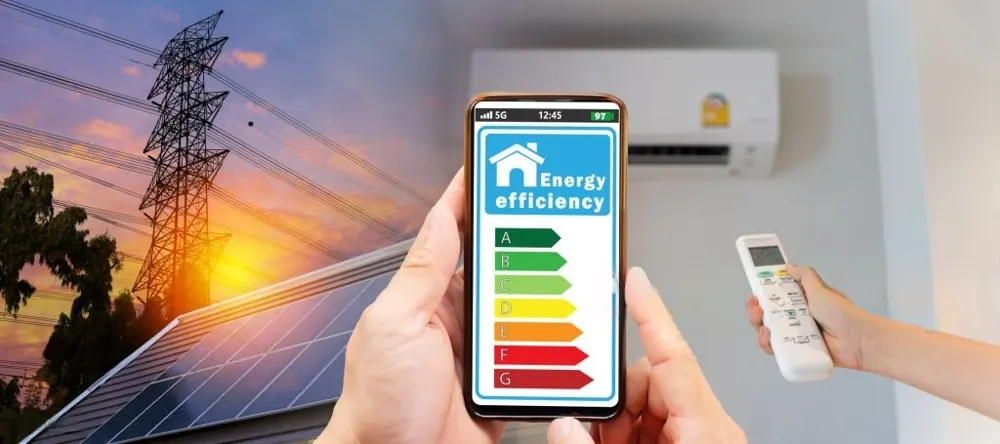 Energy rating on a phone, with a remote and an air conditioner